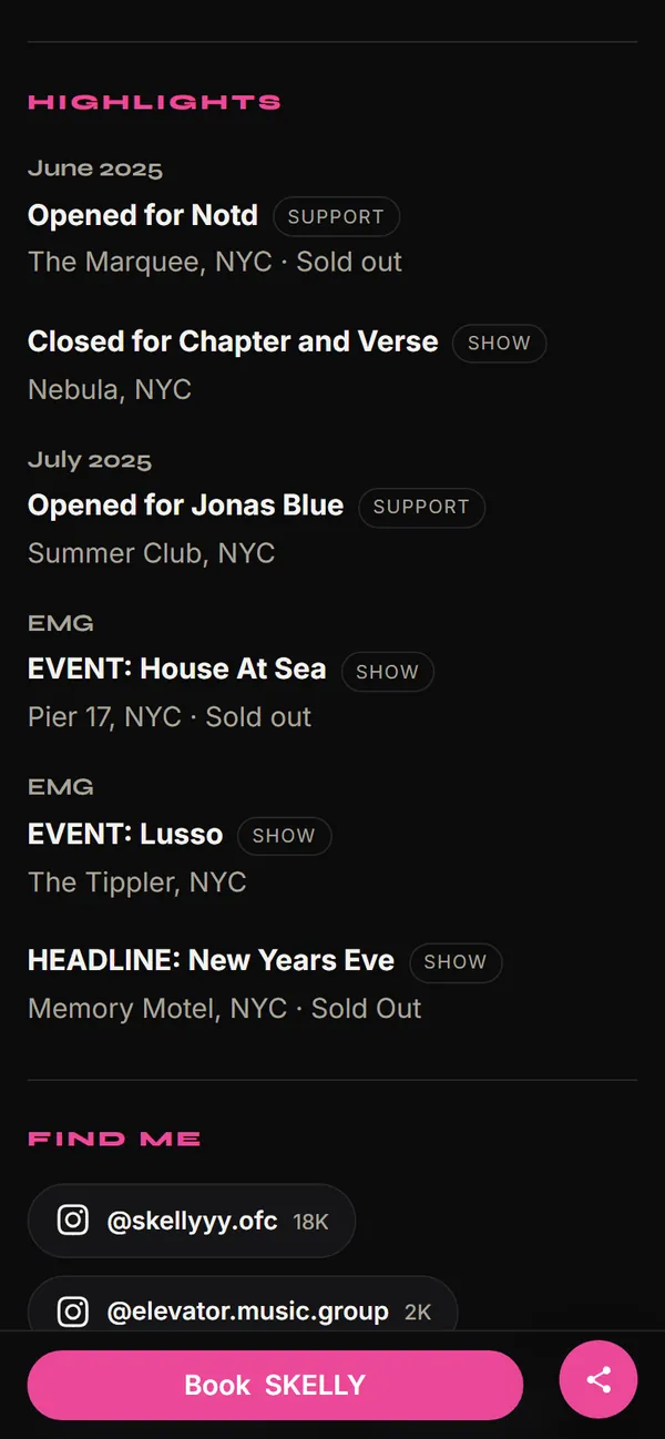 The highlights section of a live kit on a phone: shows and supports by date.