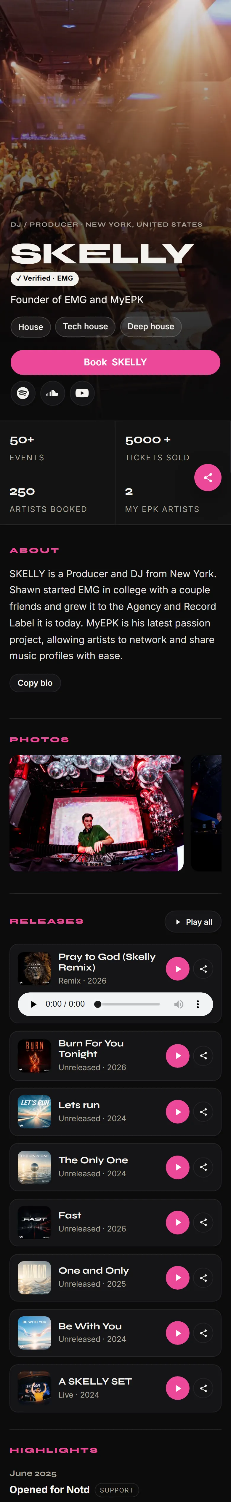 The live press kit of SKELLY on a phone, scrolling from the top.