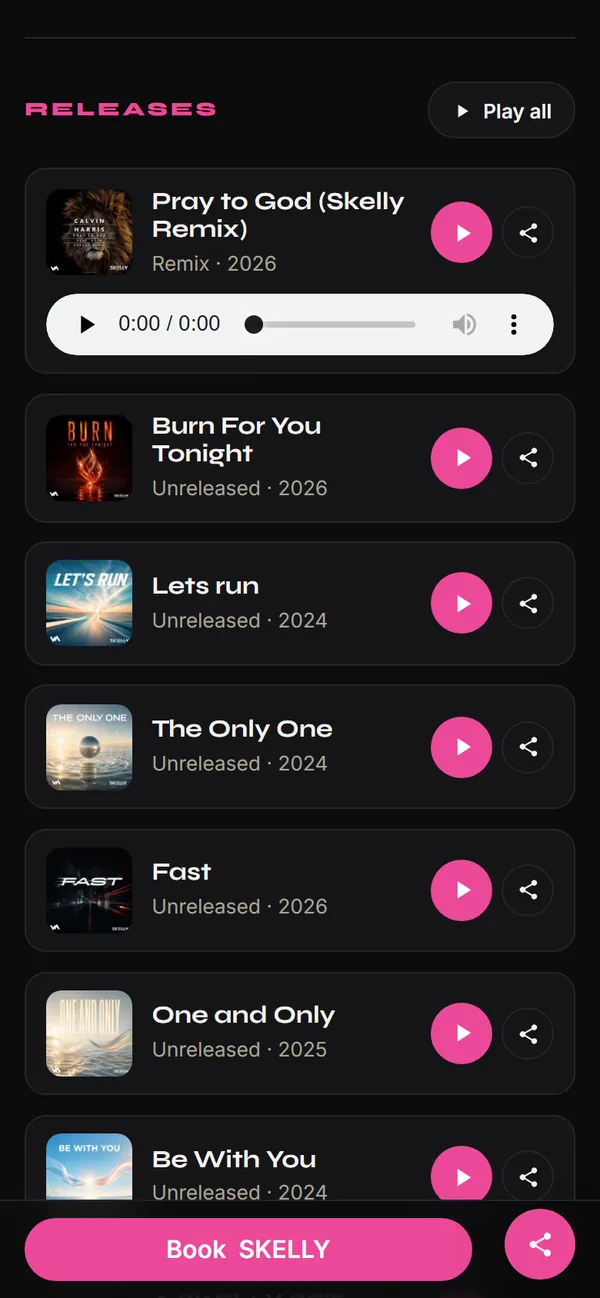 The music section of a live kit on a phone: releases with play buttons.